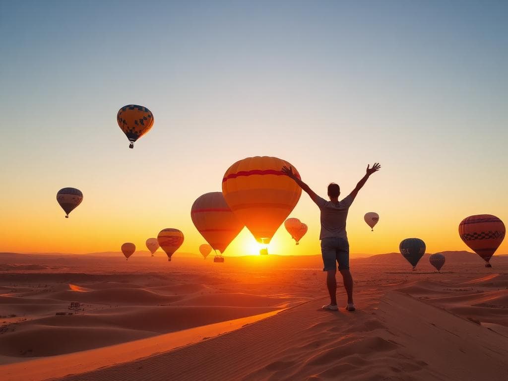Person standing in desert with hot air balloons at sunset